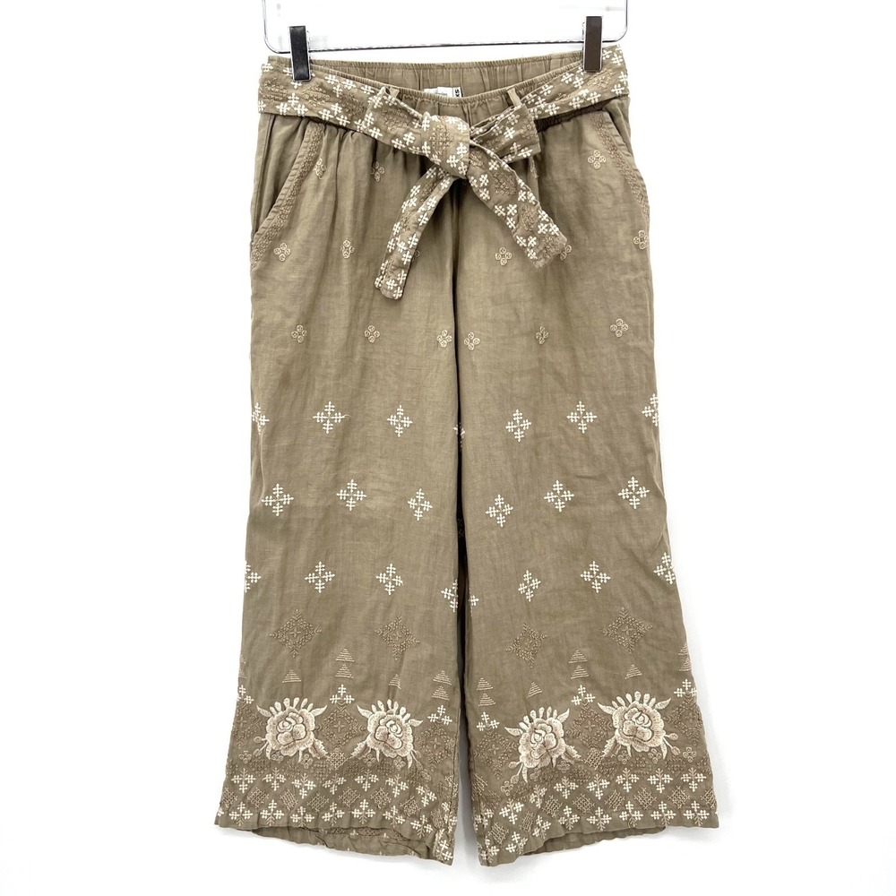 Johnny Was JW Los Angeles Embroidered Linen Pants Size XS Crop Culottes Wide Leg